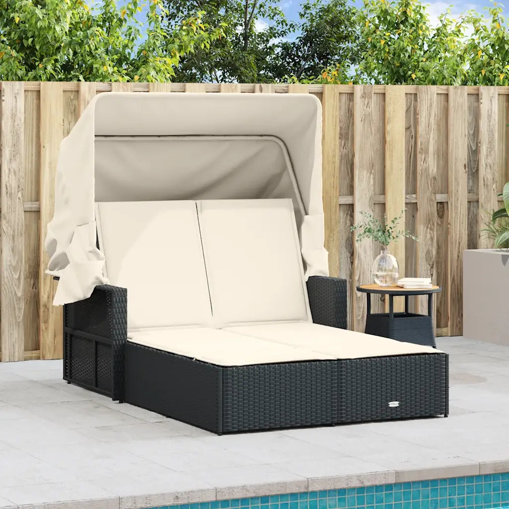 Lettino Prendisole Doppio Baldacchino e Cuscini Nero Polyrattan 365806