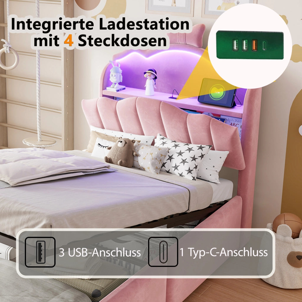 LETTO Contenitore 90x200 cm in velluto rosa con USB e LED