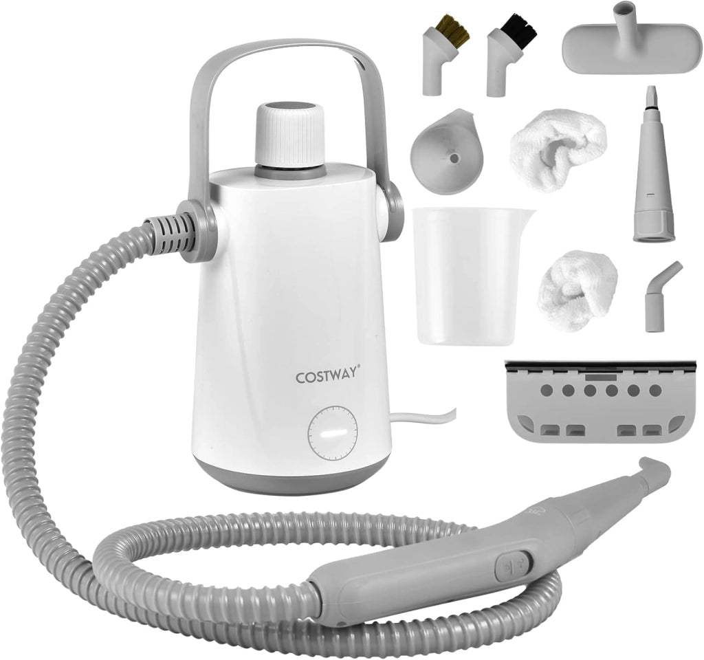 1000W Pulitore a Vapore Multiuso, Macchina a Vapore Portatile con 10 Accessori Serbatoio da 300 ml, Pulizia a Vapore con Tubo Flessibile per Cucina Bagno Finestre (Grigio)