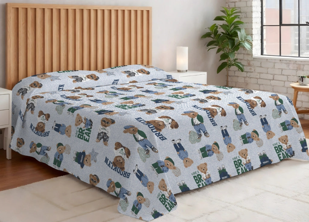 Copriletto Piquet Primavera Estate 100% Cotone Disegno Teddy - Piazza E Mezza - Azzurro