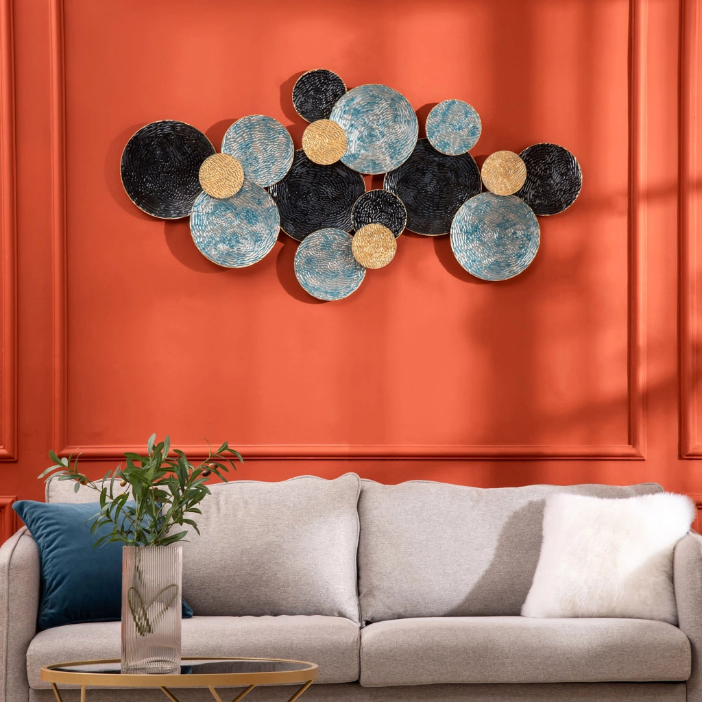 Decorazione Murale 3D a Cerchi ¨C Minimal ¨C Blu Nero Oro 133x66cm