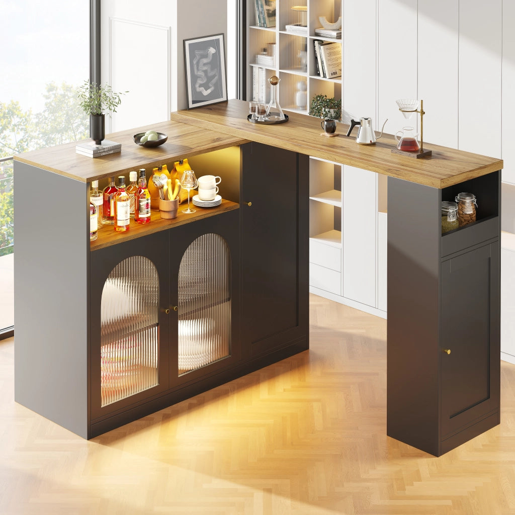 Bartisch Girevole 360¡ã con Scrivania, Credenza, LED e Ante in Vetro ¨C Xylo ¨C Nero Opaco, Legno, 198x39.6x97