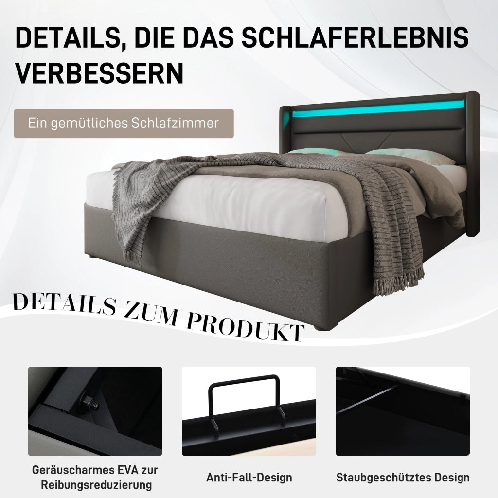 Letto contenitore idraulico – 140x200 cm – LED telecomando – velluto grigio