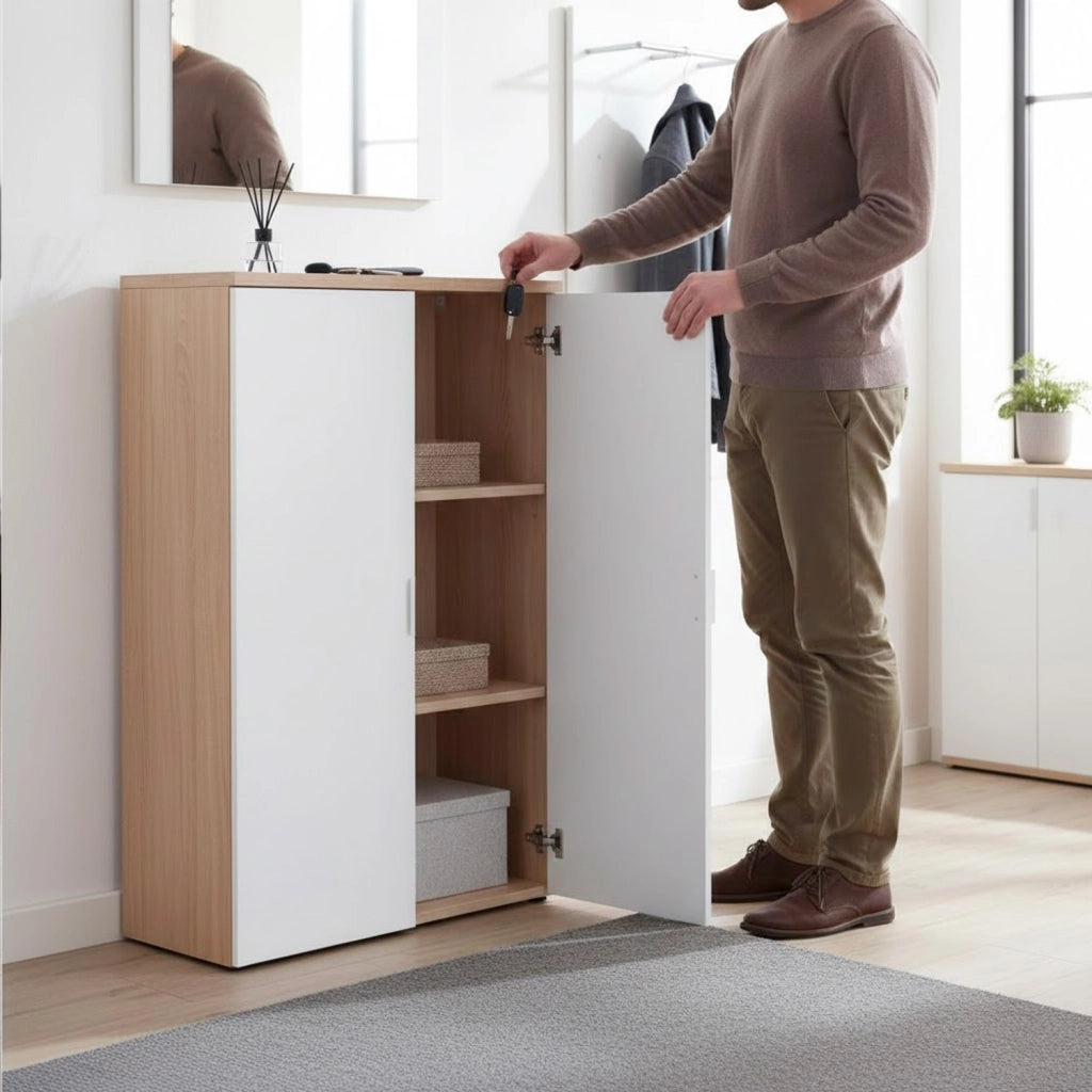Armadio Armadietto Multiuso A Due Ante Con Ripiani Regolabili Mobile Salvaspazio In Melaminico Per Casa Ufficio E Lavanderia Ingresso 80 X 119 X 33 Cm Bianco Opaco E Rovere