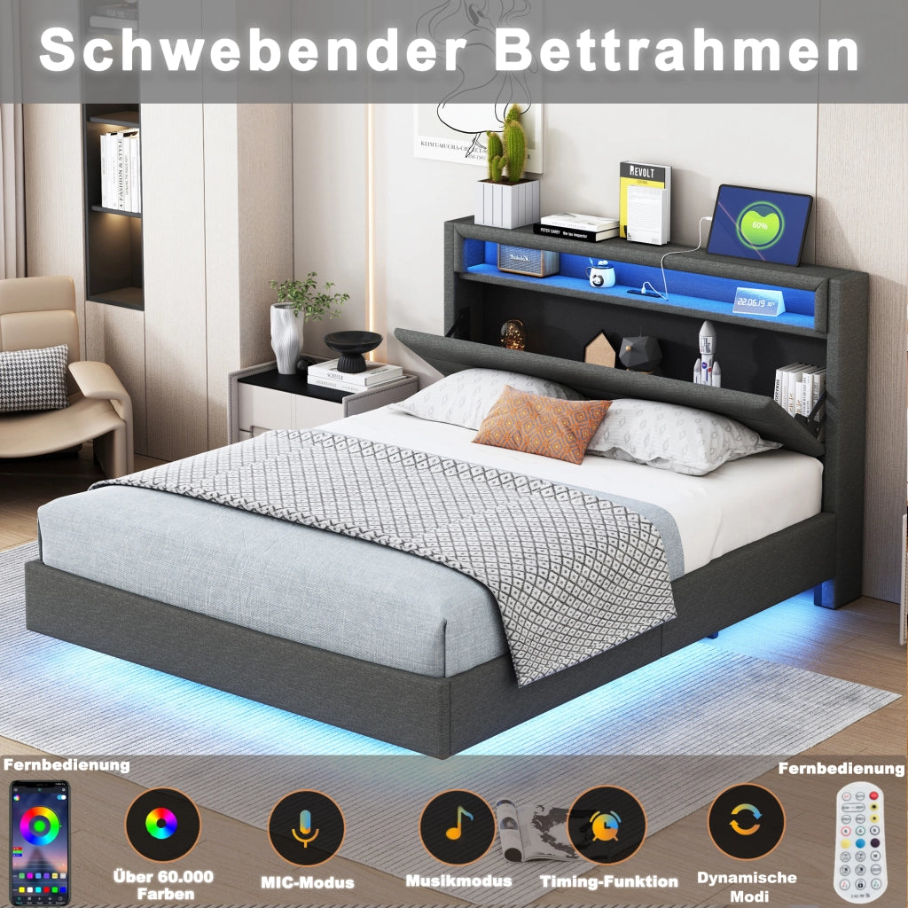 LETTO Imbottito 140x200 cm Grigio con USB e LED, rete a doghe