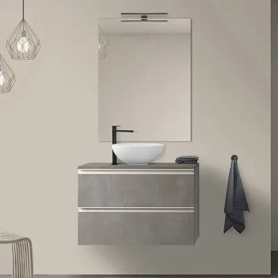Mobile bagno sospeso 80 cm grigio cemento con top e specchio tondo Master