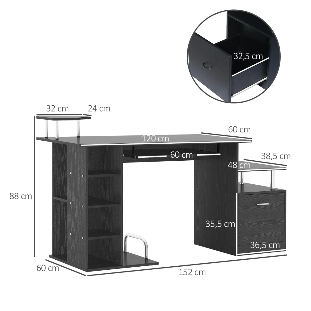 Scrivania da computer con 6 ripiani cassetto porta tastiera supporto monitor ¨C Xylo ¨C 152x60x88 cm nero