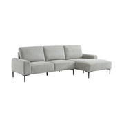 Divano angolare destro in tessuto e metallo, 3 posti, grigio chiaro