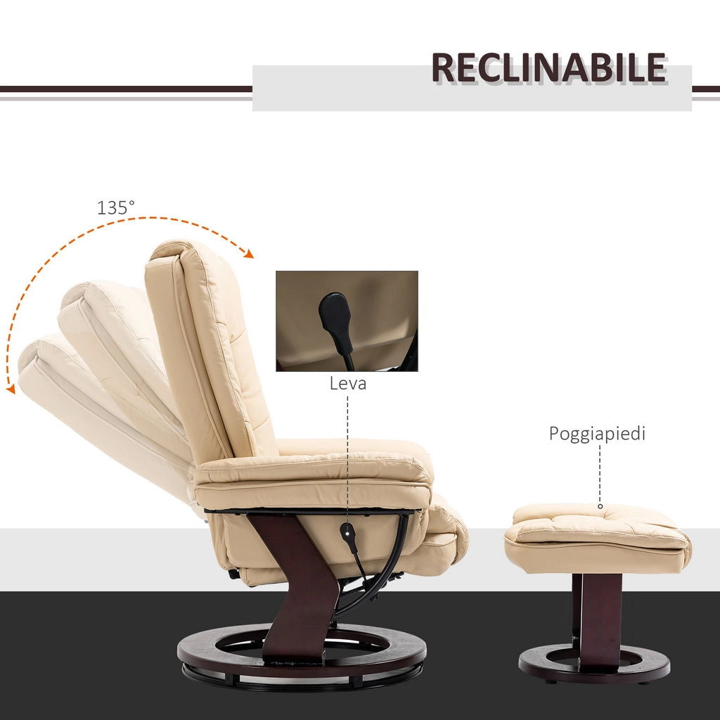 SET POLTRONA RELAX  RECLINABILE E POUF POGGIAPIEDI GIREVOLE  79X80X102CM BEIGE