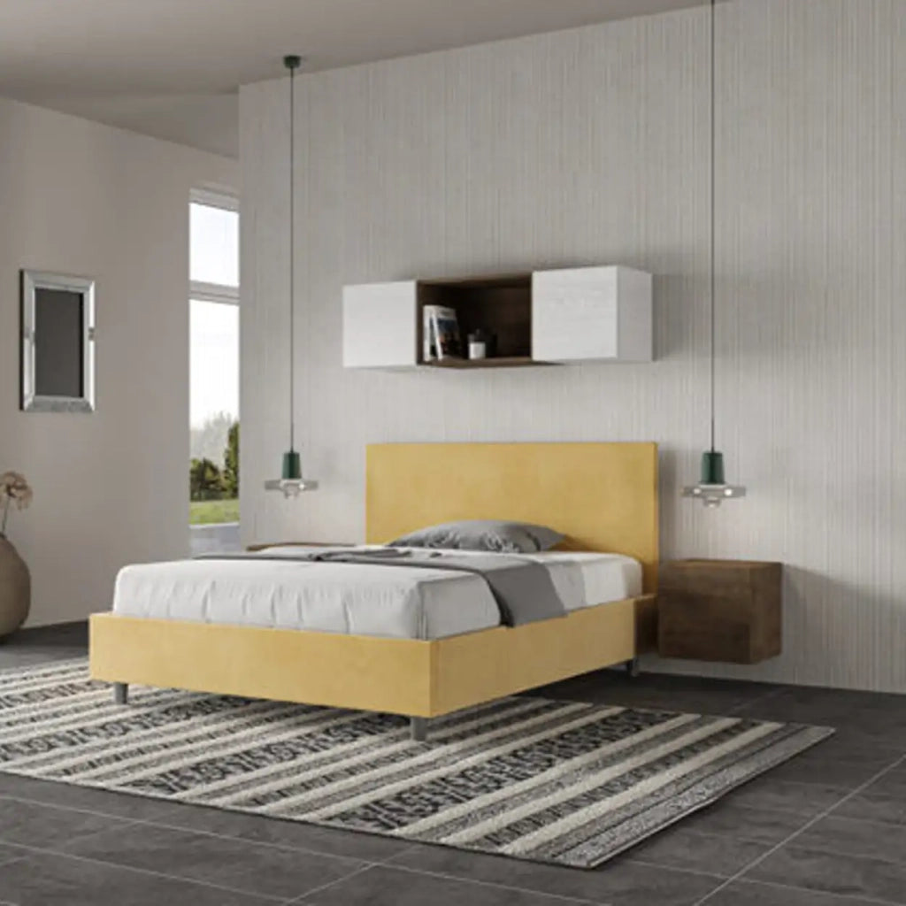 Letto matrimoniale francese senza rete imbottito 140x200 microfibra ocra Adele