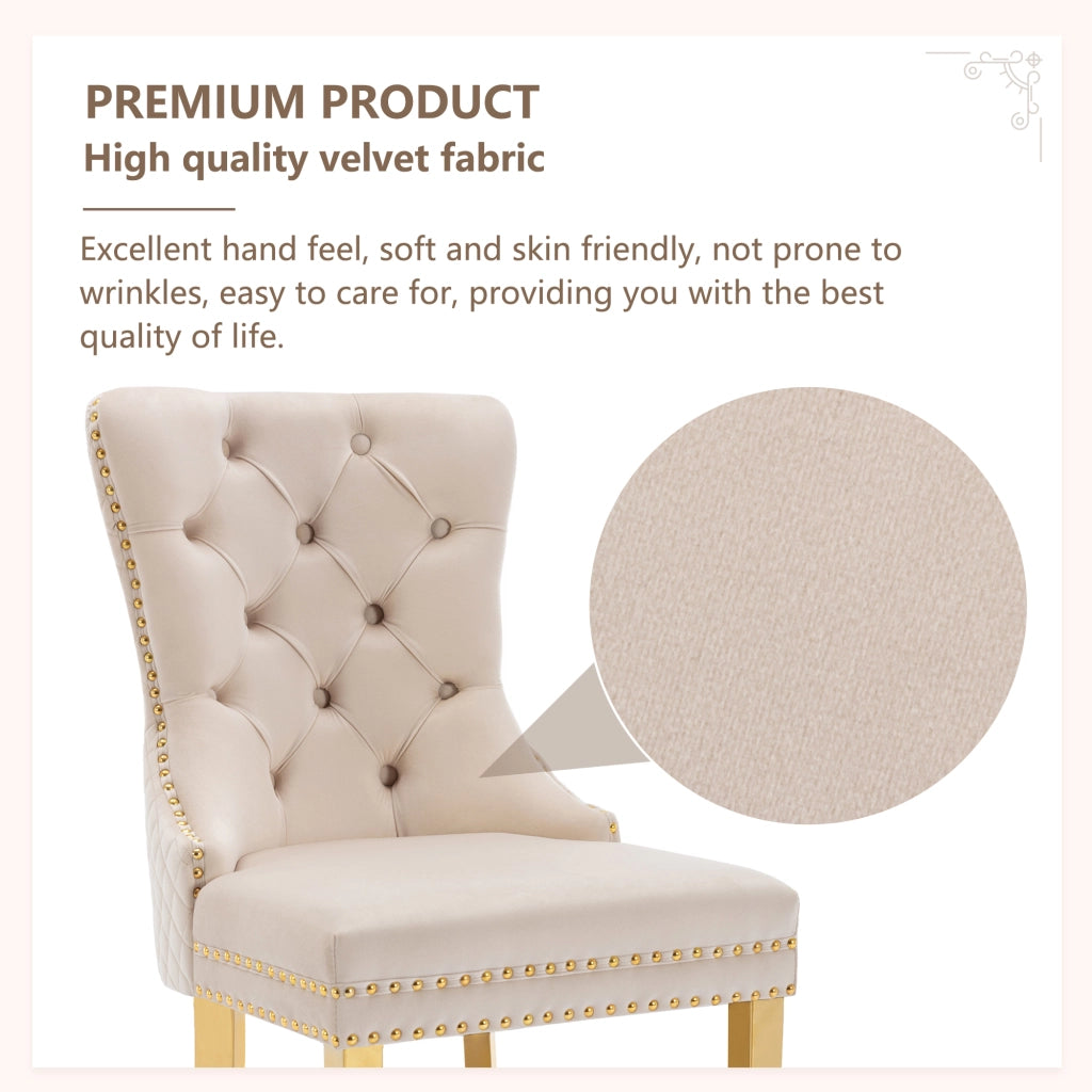2 Sedie da Pranzo con Anello sullo Schienale; Borchie Decorative e Piedini Regolabili; Velluto; Beige