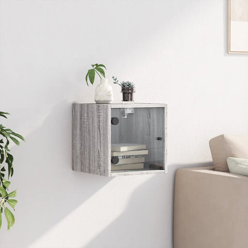 Comodino | Armadio da Notte | Mobiletto da notte con Anta in Vetro Grigio Sonoma 35x37x35 cm