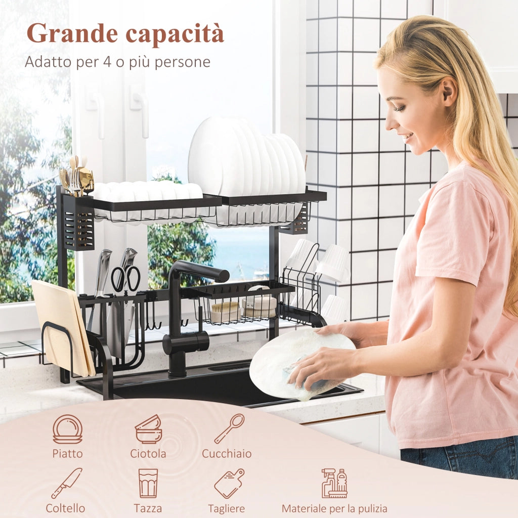 Scolapiatti Lavello Modulabile 2 Livelli ¨C zephmum ¨C Acciaio Nero 65x31.5x52.5 cm