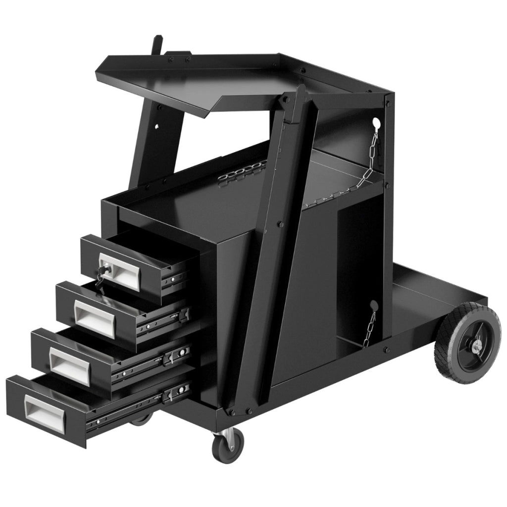 Carrello porta saldatrice con 4 cassetti ripiano per bombola e catene di sicurezza, Trolley in metallo Nero
