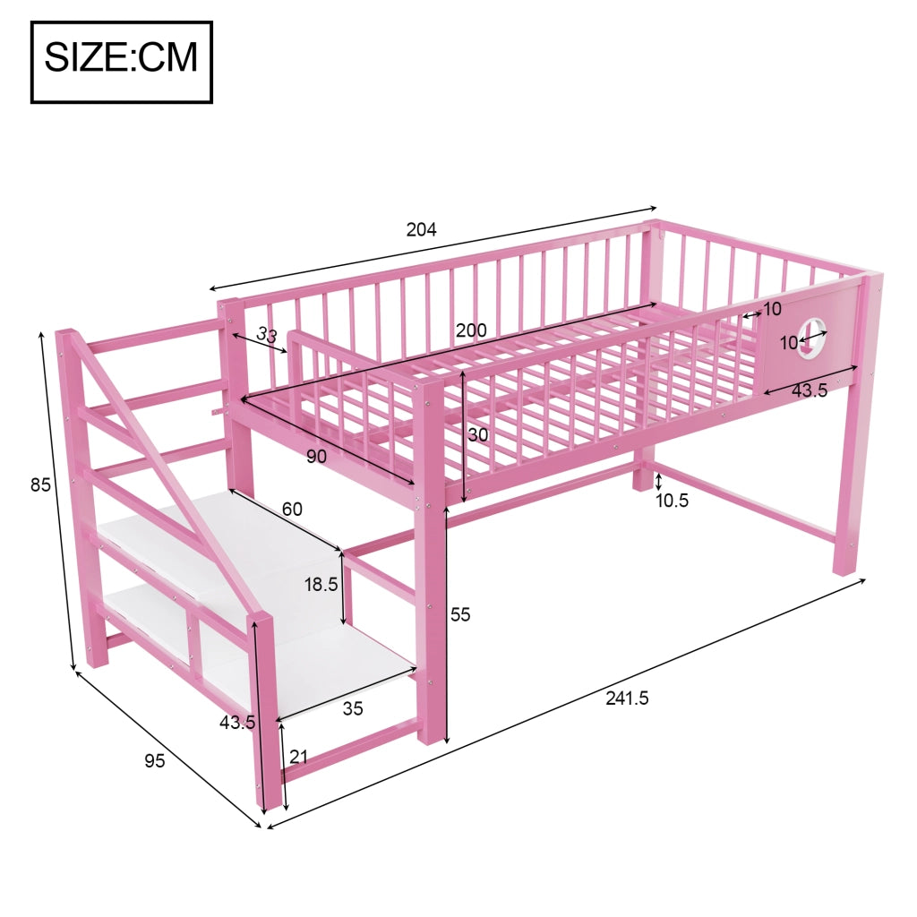 Letto basso per bambini rosa 90 x 200 cm; struttura metallica robusta; scala con riposticulo; per bambini e adolescenti