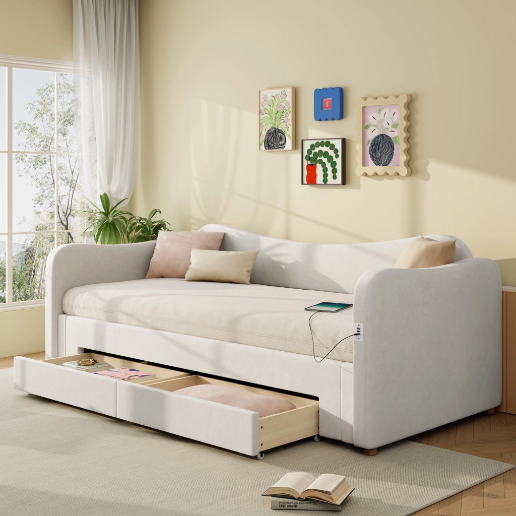 Letto Imbottito Contenitore con 2 Cassetti e USB ¨C MINIMAL ¨C Velluto Beige 90x200 cm