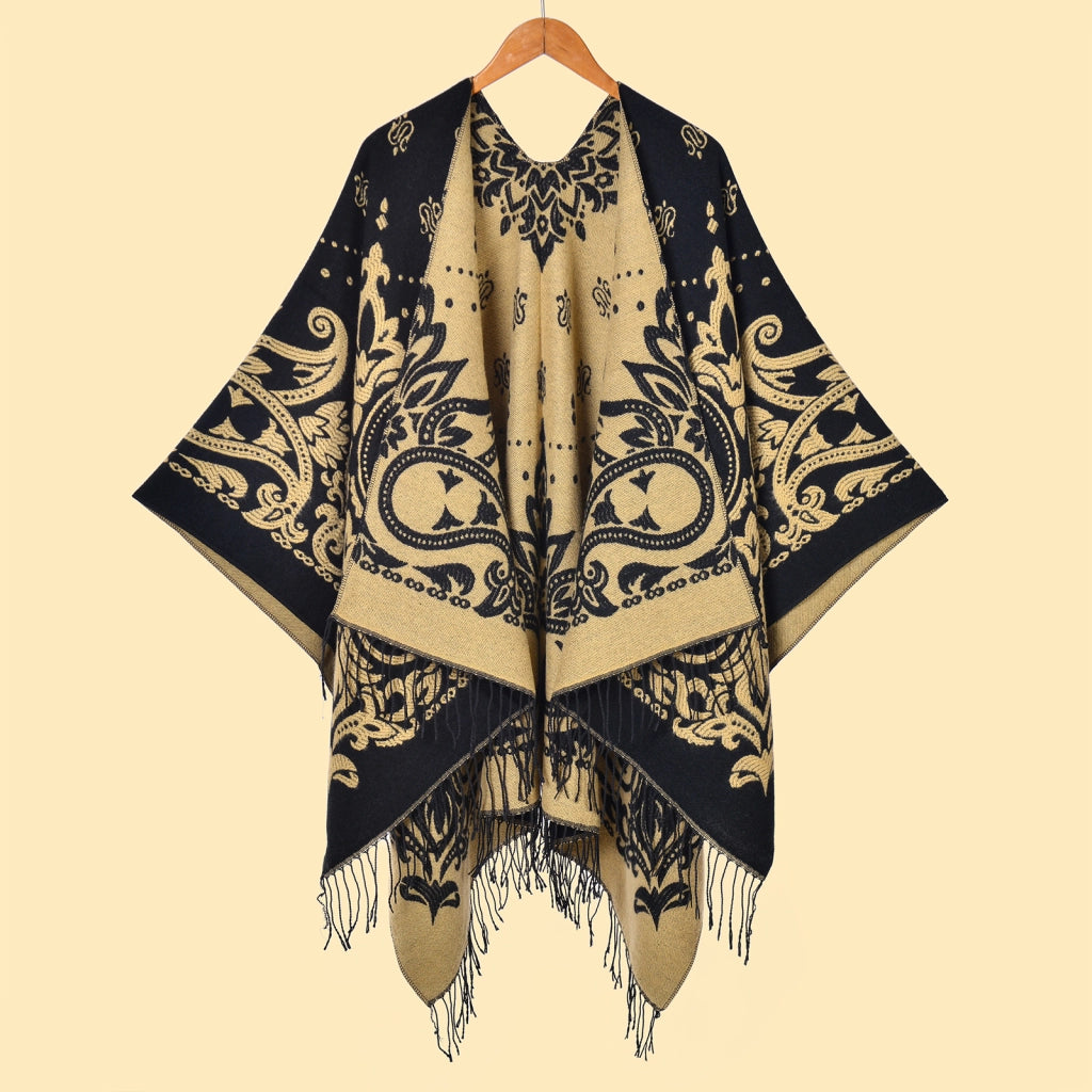 Sciarpa da donna Cashew con nappe e spacco, jacquard double face, spessa e calda.