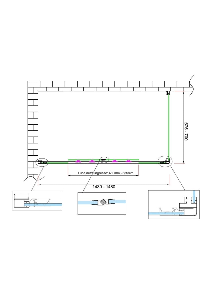 Box doccia 6 mm H 190 parete fissa e porta a 4 ante con apertura centrale MISURA 67,5-70 ANTA FISSA + PORTA 143-148