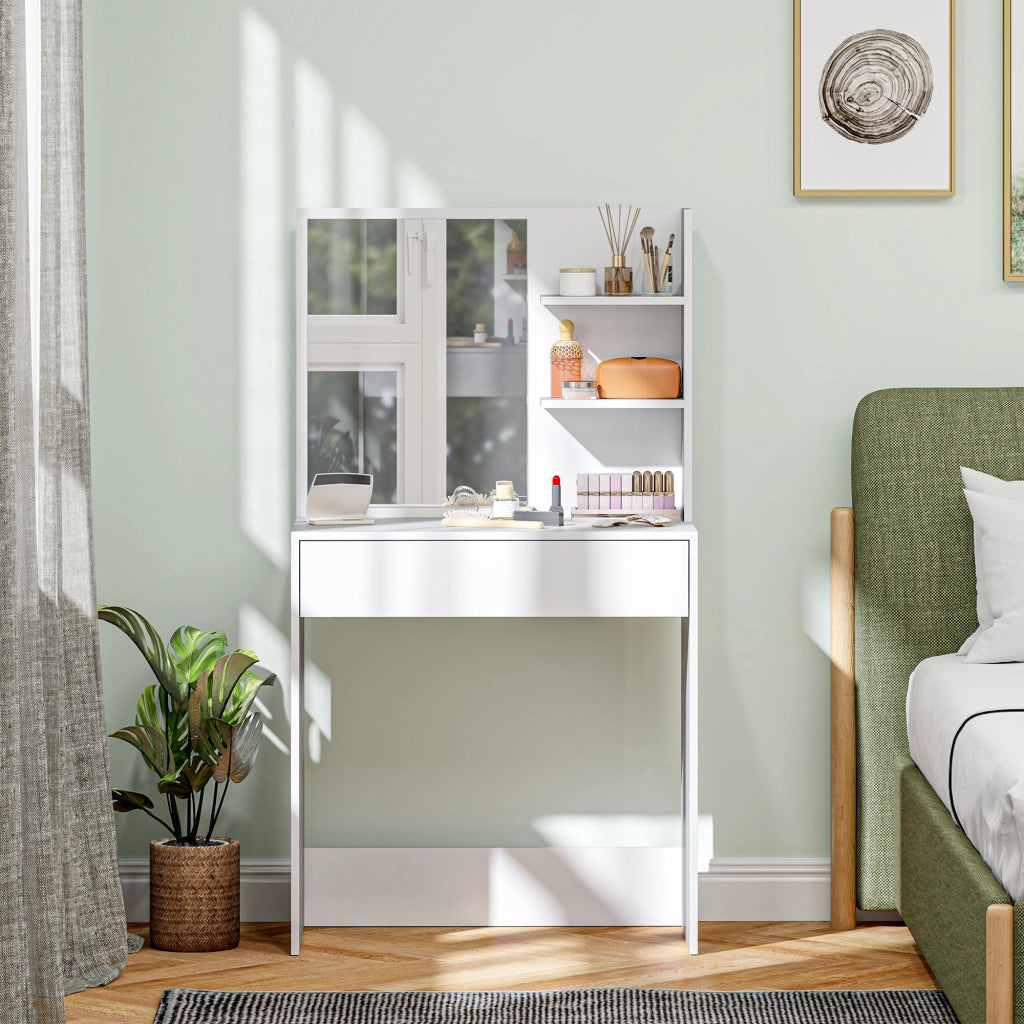 Cassettiera con specchio per trucco e ripiani aperti ¨C Xylo ¨C Bianco