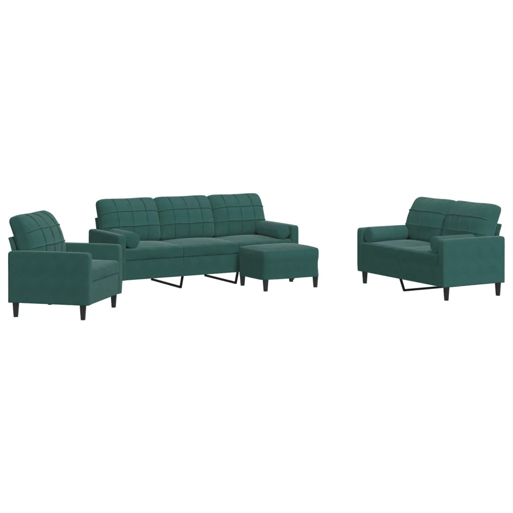 Set di Divani 4 pz con Cuscini e Rinforzi Verde scuro Velluto
