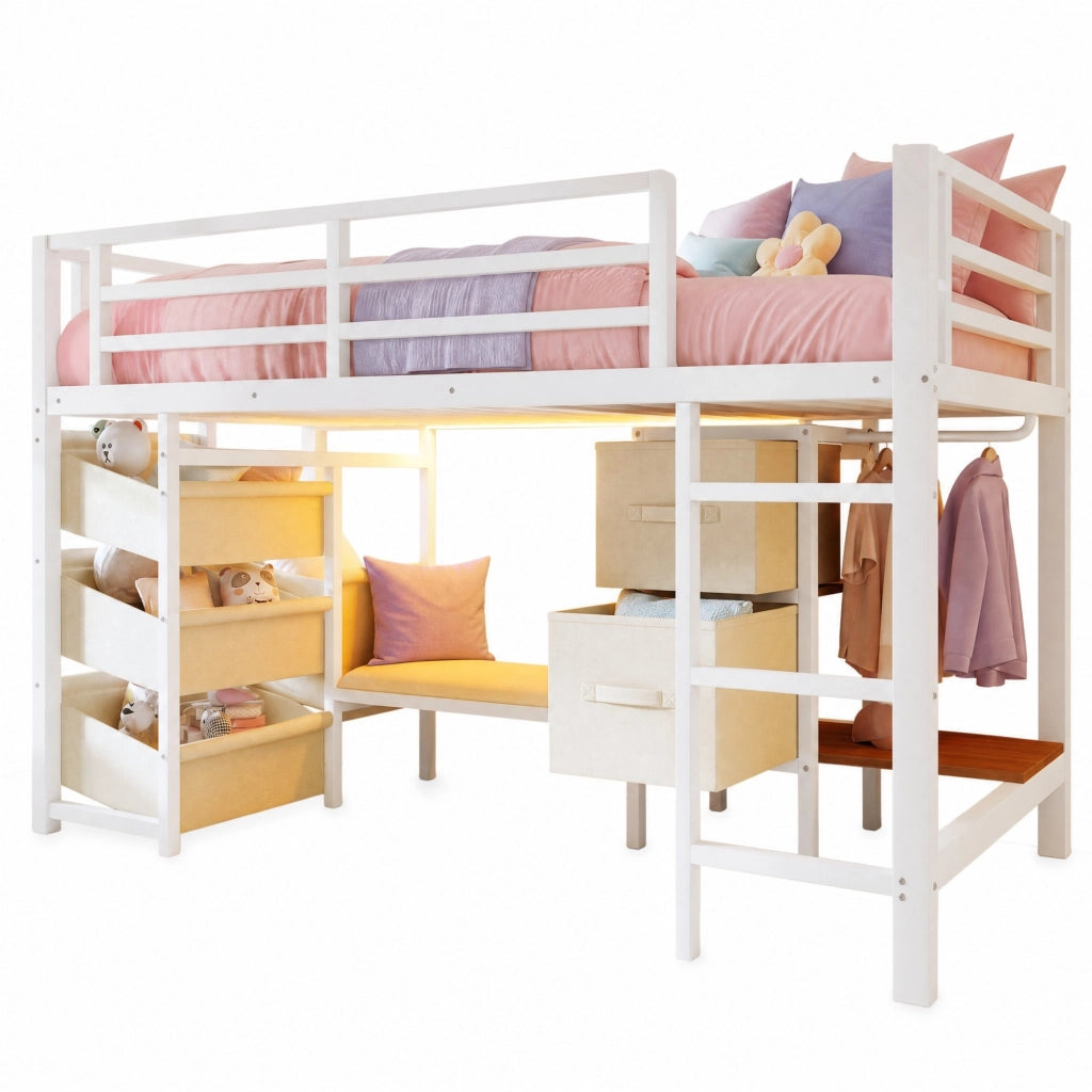 Letto medio alto 90x200 cm in metallo bianco con cuscino; LED multicolore e contenitore