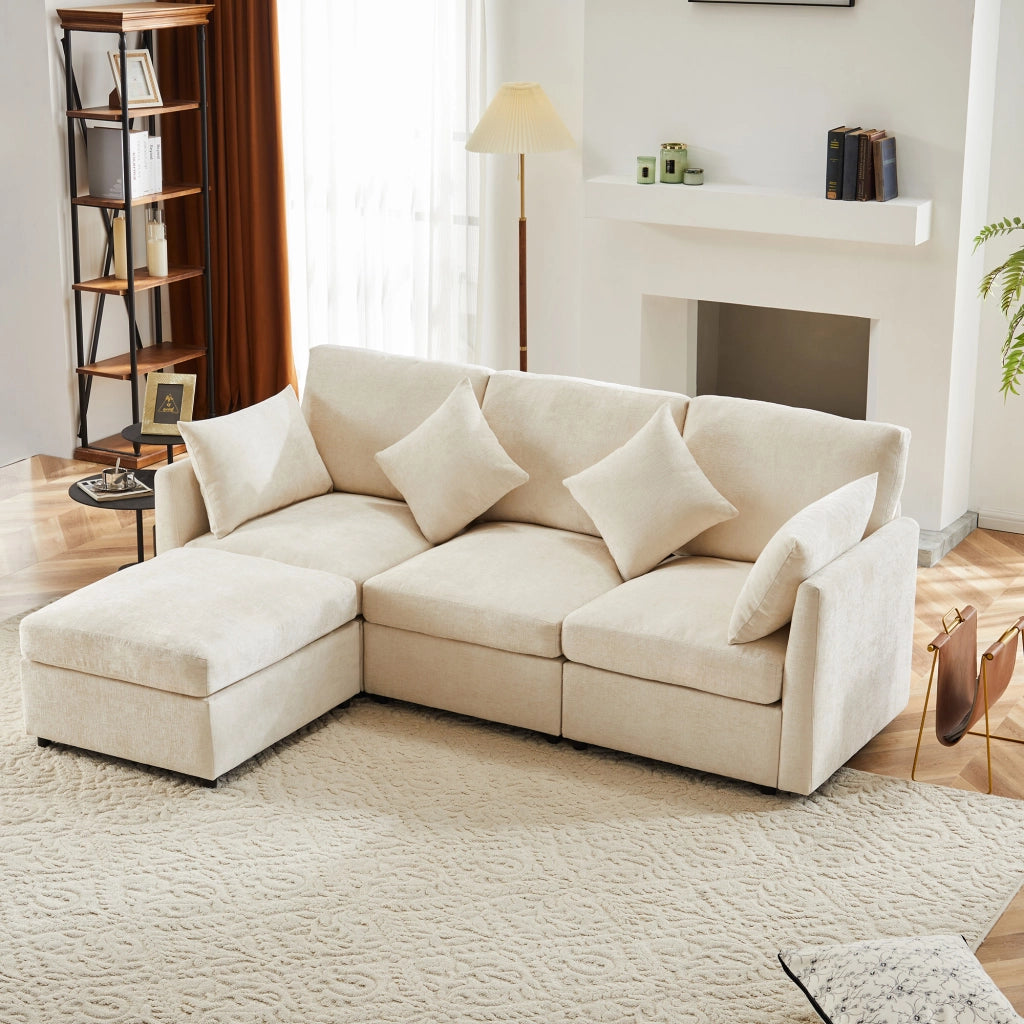 DIVANO Angolare modulare 216x161x81 cm Chenille Beige con pouf mobile