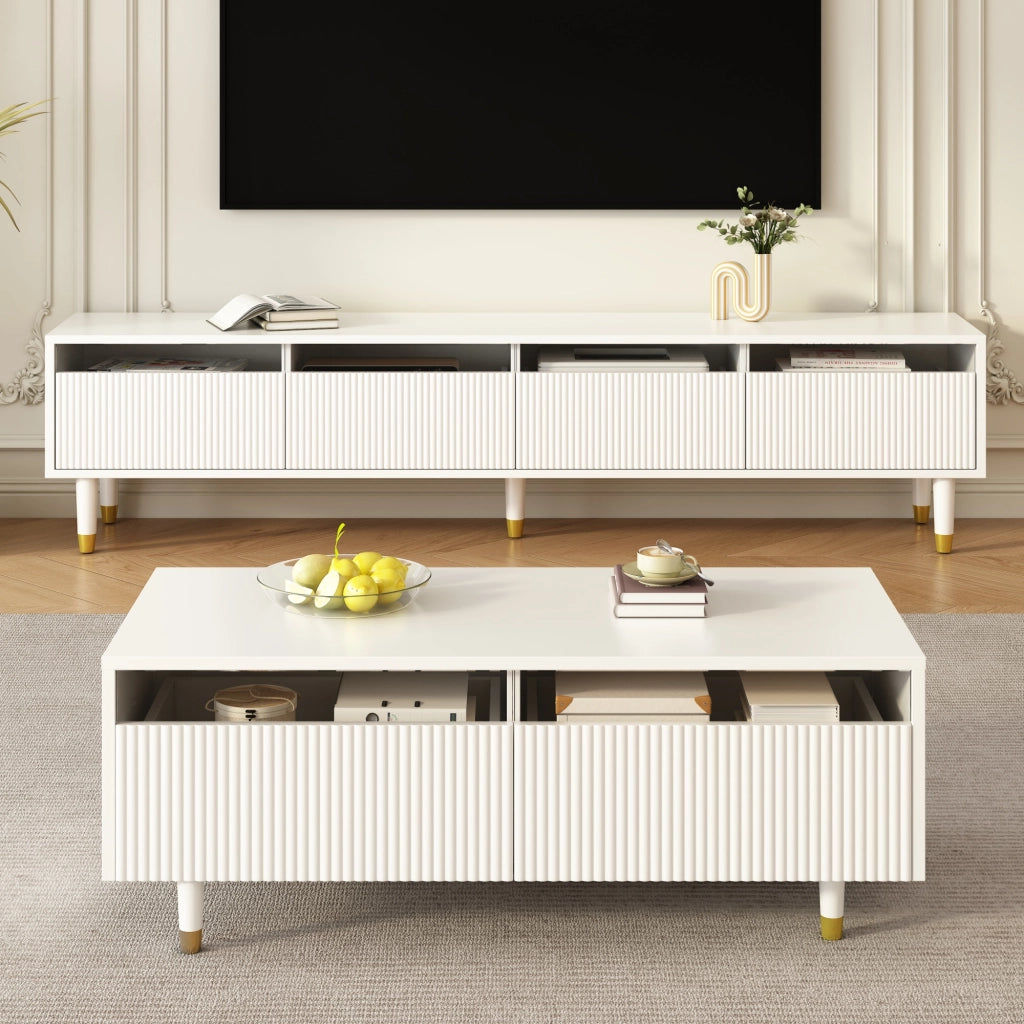 Mobile TV e Tavolino con LED ¨C MINIMAL ¨C Bianco con Design Oro, Ante in Acrilico, 4 Ante