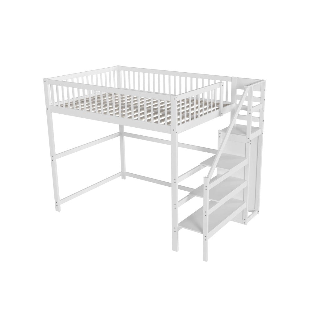 Letto a Soppalco con Scala e Armadio ¨C MINIMAL ¨C Legno Bianco 140x200