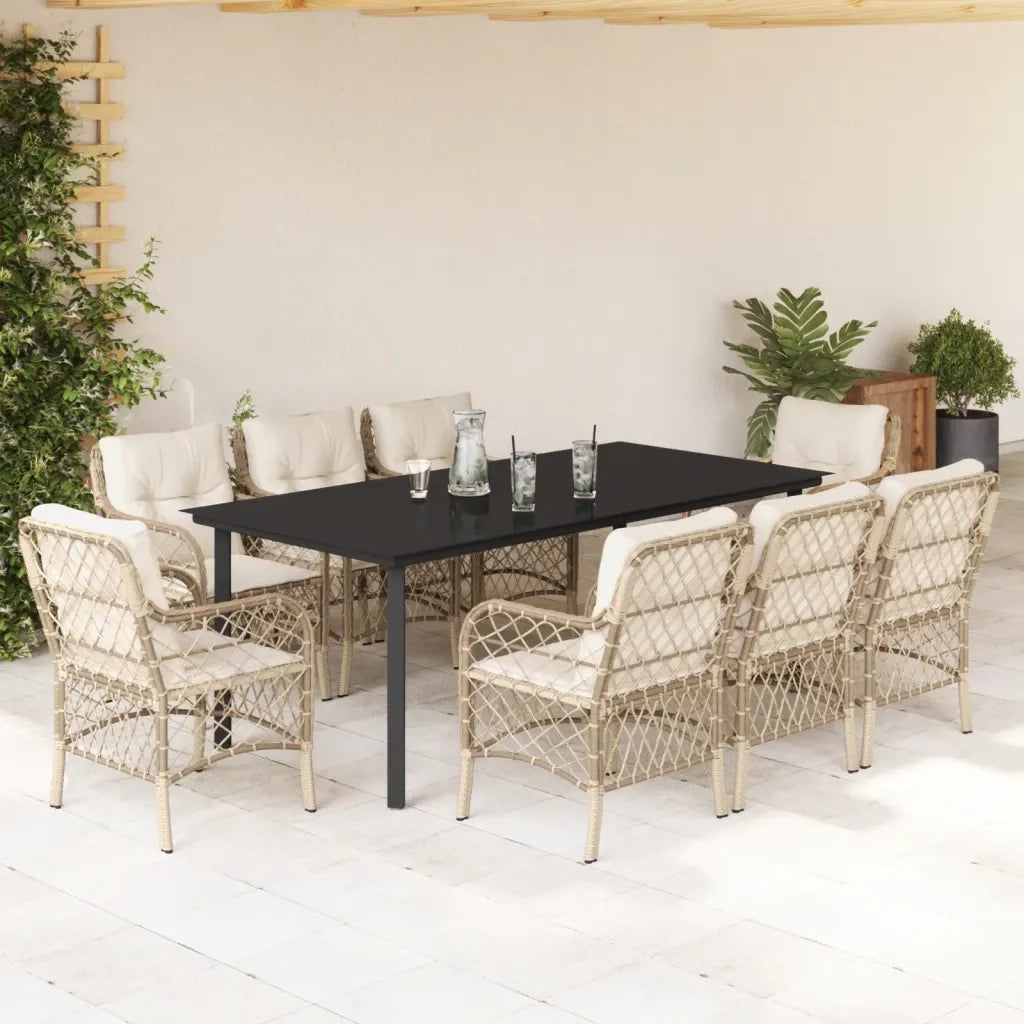 Set da Pranzo da Giardino 9 pz con Cuscini Beige in Polyrattan