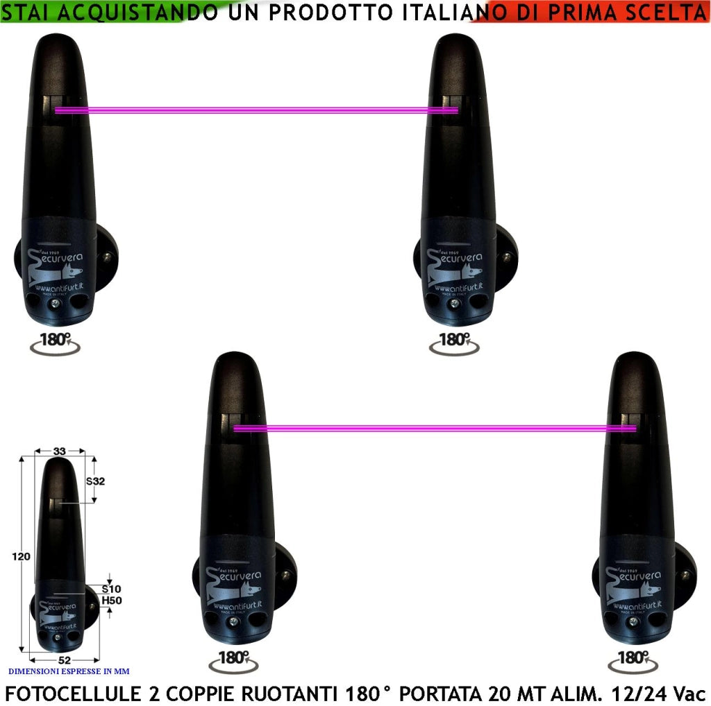 Fotocellule Orientabili 180° in Orizzontale Due Coppie TX e RX Portata 20 Metri Controllo Movimento Sicurezza Cancello Automatico Montaggio a Parete Oppure Palina Alimentazione 12/24 Vac Protezin IP44