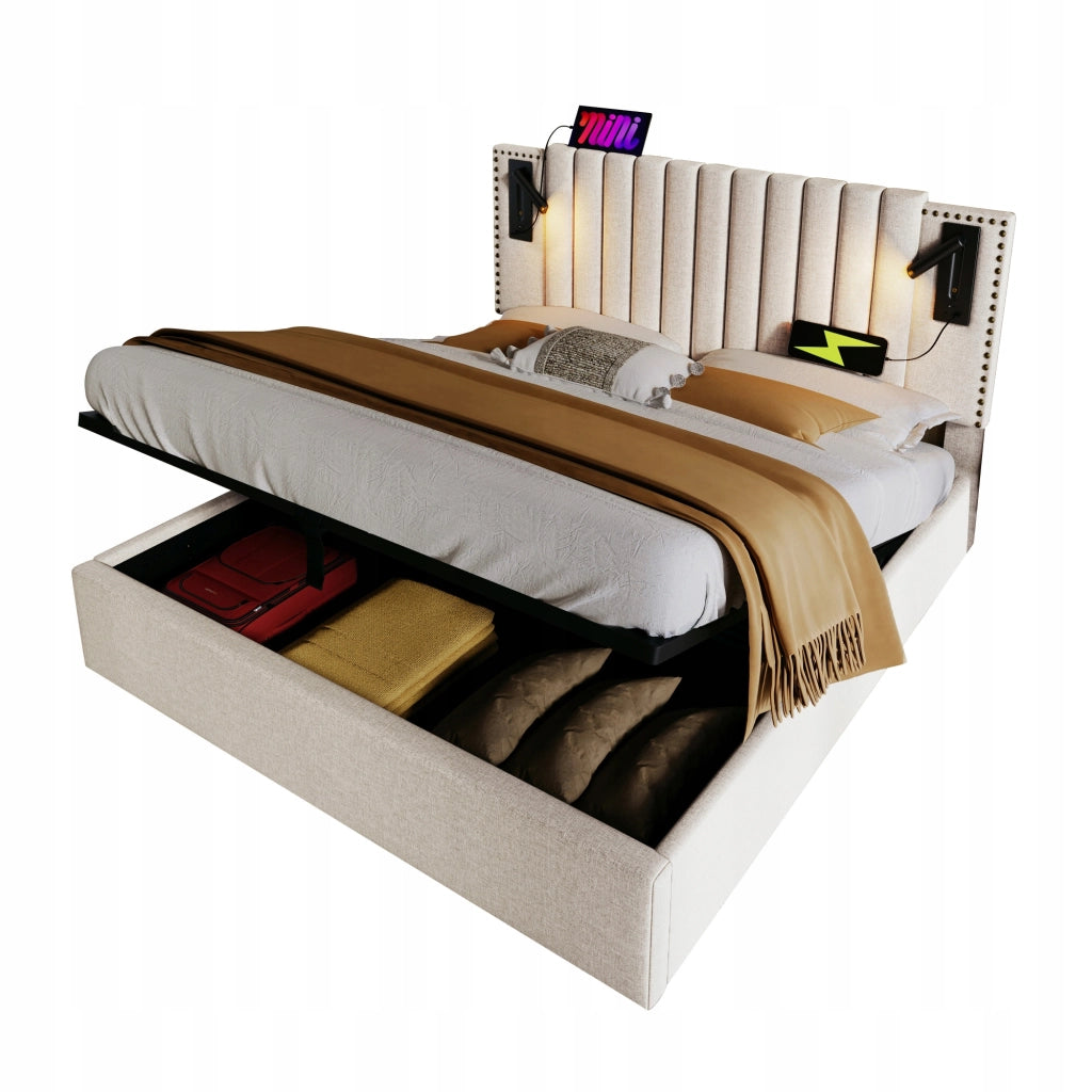 Letto imbottito con contenitore e luce - Xylo - 180x200 - Beige