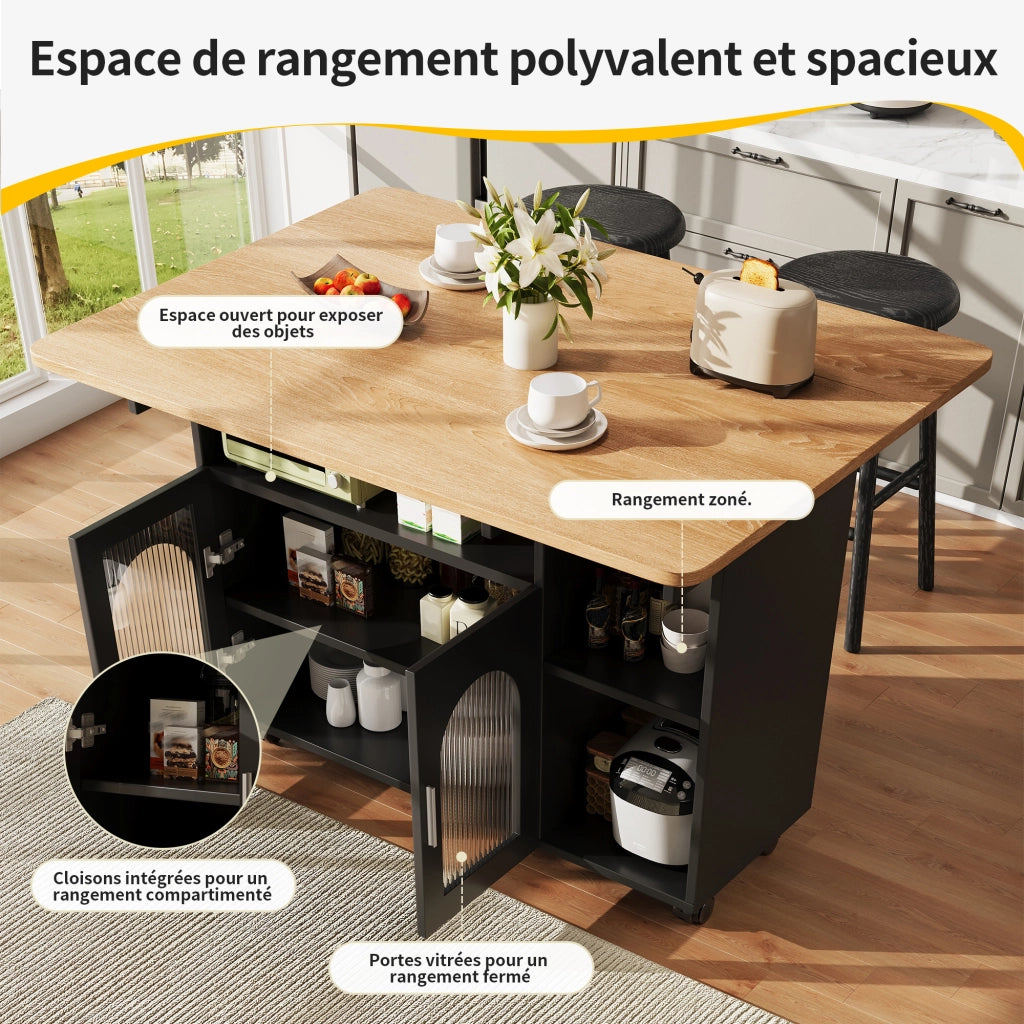 Carrello da Cucina con 2 Ante; 3 Vani; Piano Ribaltabile e Ruote; in MDF e Vetro; 120 x 30 x 79.5 cm; Nero e Naturale