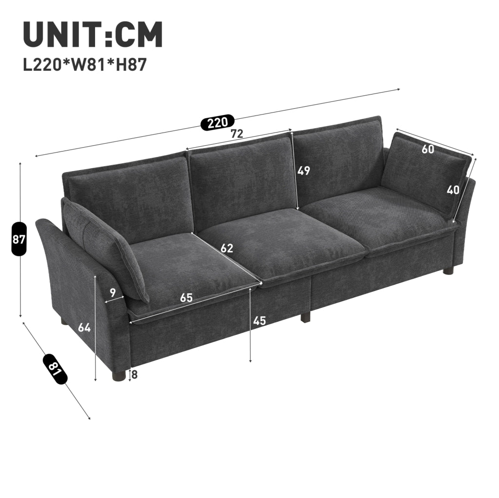 Divano modulare a 3 posti 220 cm in chenille grigio; con 2 cuscini bracciolo e struttura in metallo