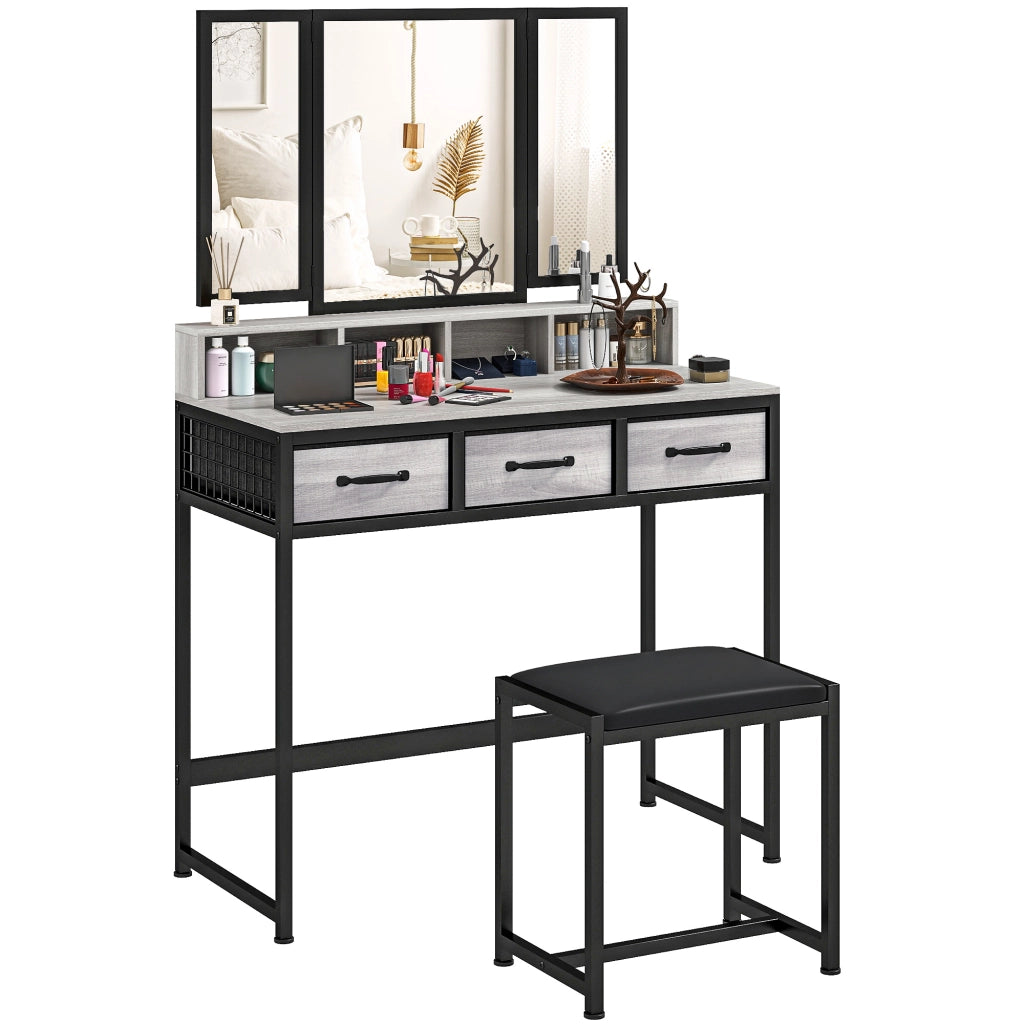 Cassettiera per Trucco con Specchio e Sgabello ¨C Minimal ¨C Grigio Tessuto 3 Cassetti
