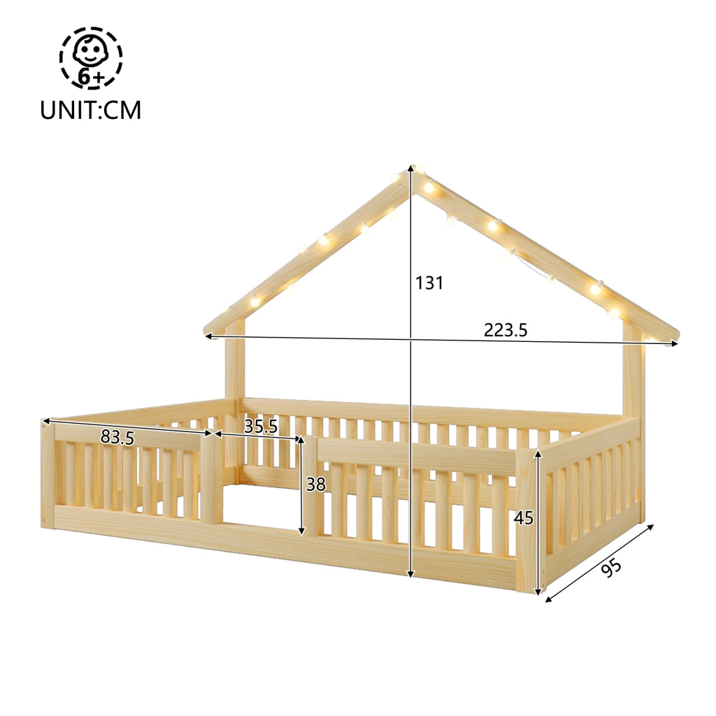 LETTO Casetta 90x200 cm in legno Naturale con luci LED
