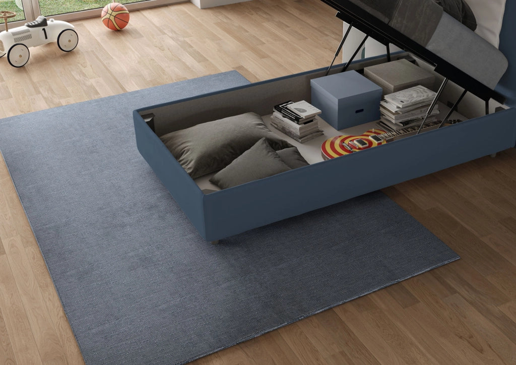 BS COM Letto singolo contenitore imbottito 90x210 microfibra blu