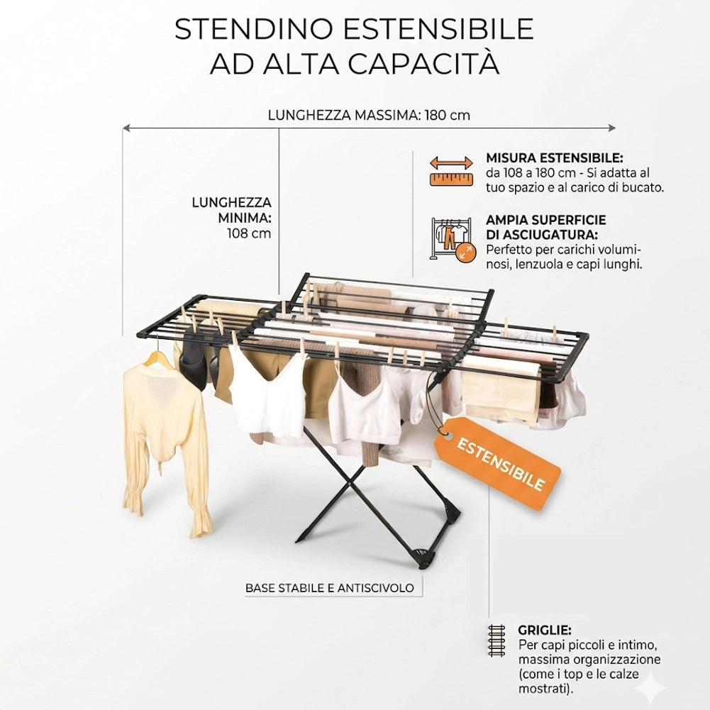 Stendibiancheria Allungabile Nero Salvaspazio Stendino Capacità 20kg Estensibile