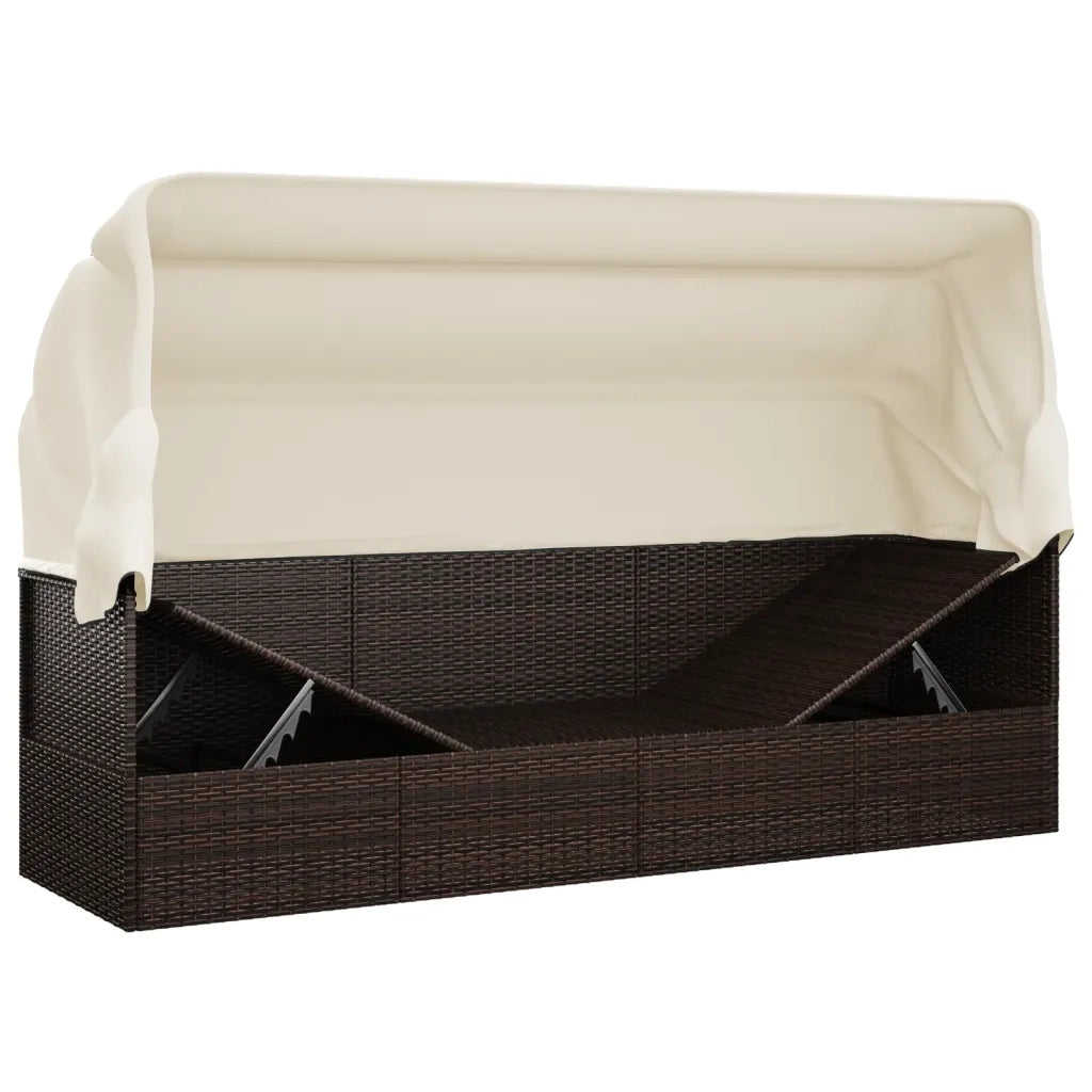 Lettino Prendisole | Sdraio da giardino | Lettino da sole Esterno Tetto e Cuscini Marrone Polyrattan