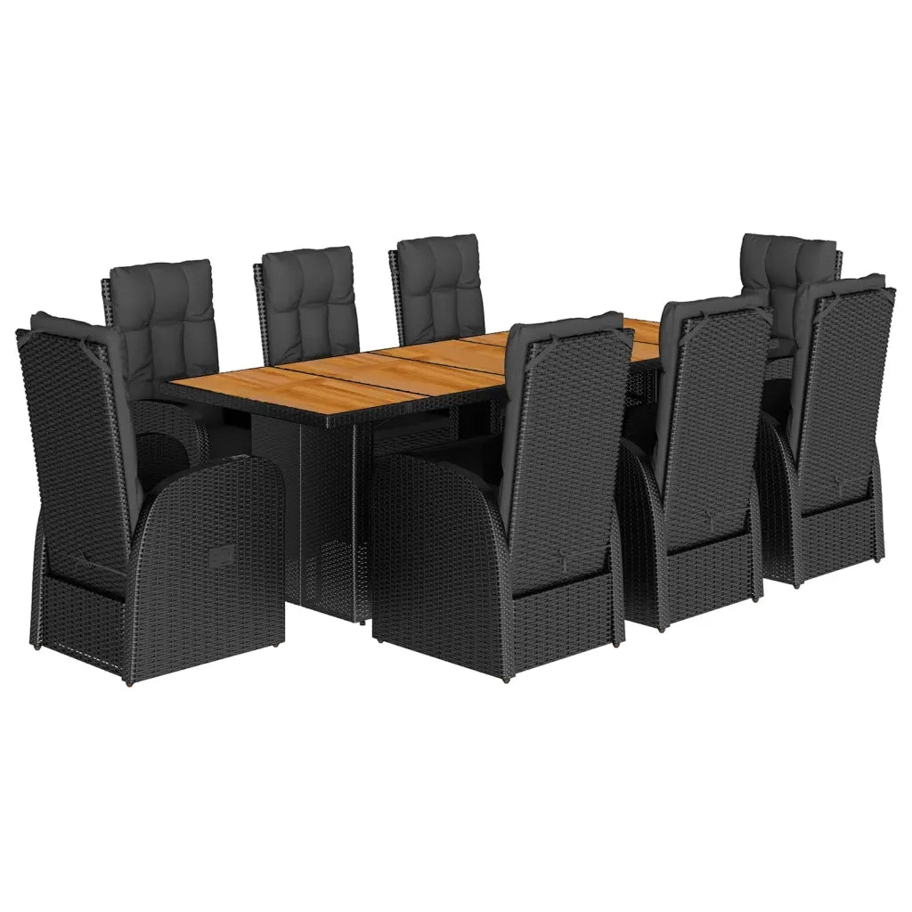 Set da Pranzo da Giardino 9 pz con Cuscini Nero in Polyrattan