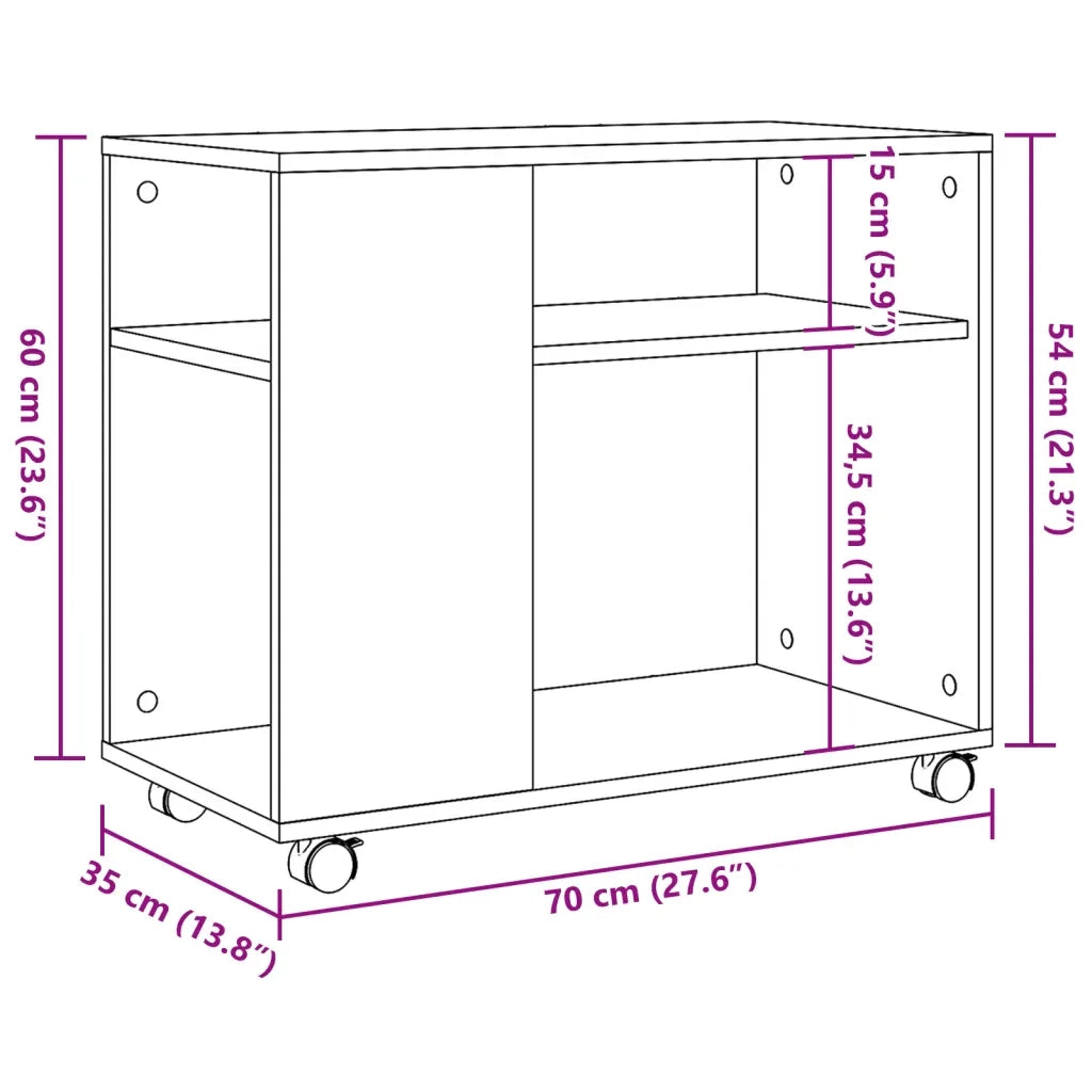 Tavolino con Ruote Grigio Cemento 70x35x60 cm in Truciolato