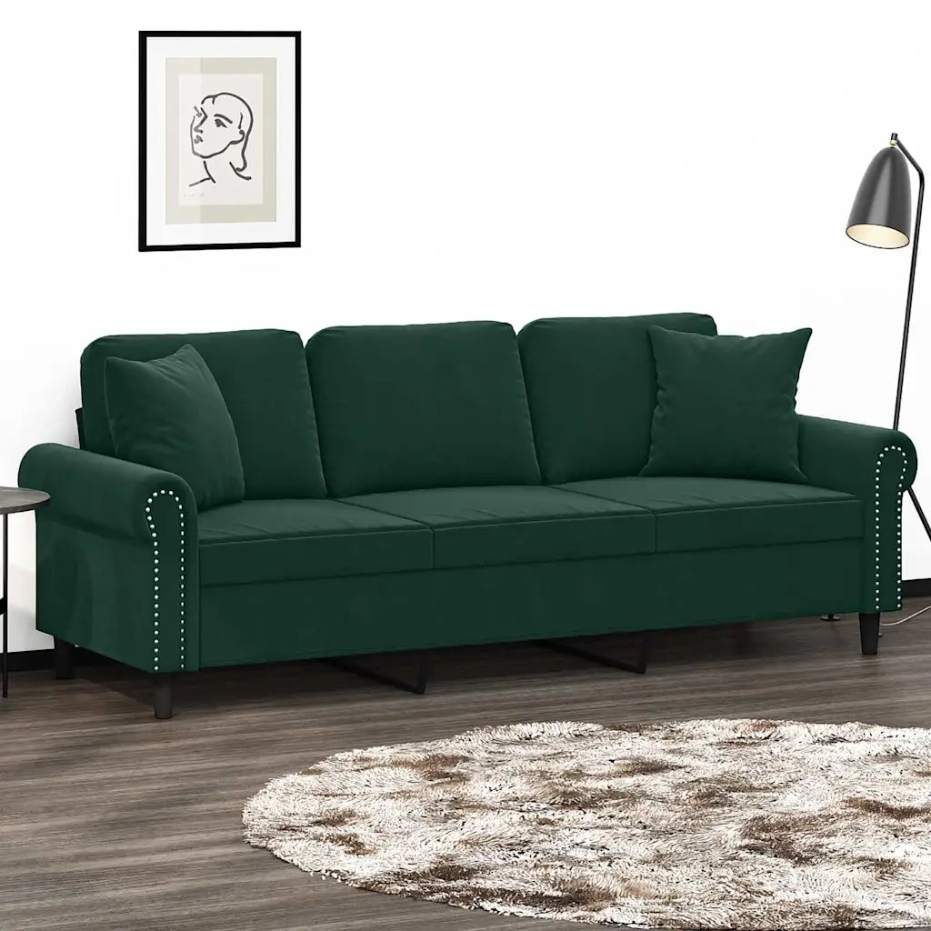 Divano a 3 Posti con Cuscini Verde Scuro 180 cm in Velluto 3200957
