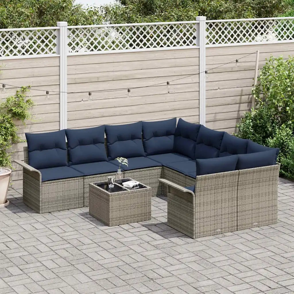 Set Divano da Giardino 9 pcs Grigio e Blu Navy polyrattan 3345305