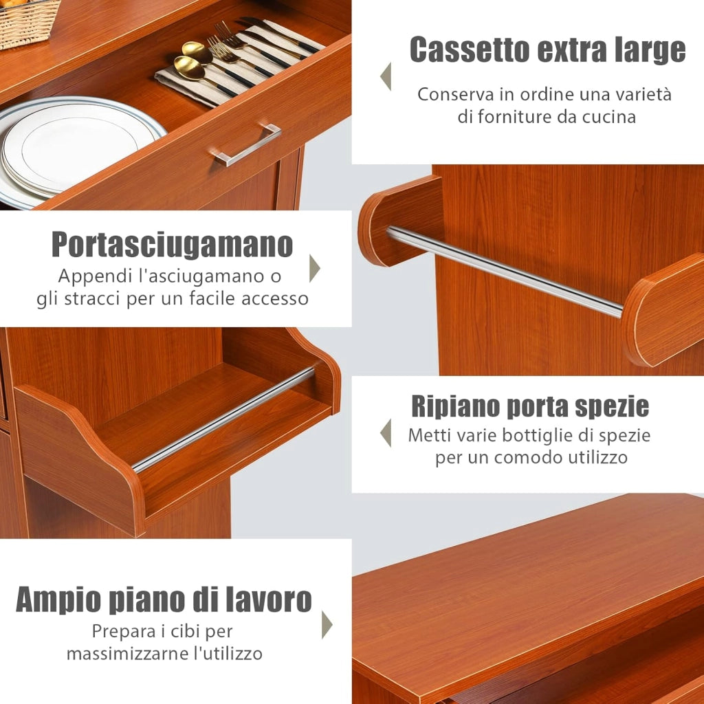 Carrello da Cucina con Ruote di Gomma, Scaffale per Microonde Carrello Servizio, Mobile Cucina con Ripiani e Ante, Credenza Cucina Legno Moderno Elegante, 116 x 37 x 85 cm (Marrone)