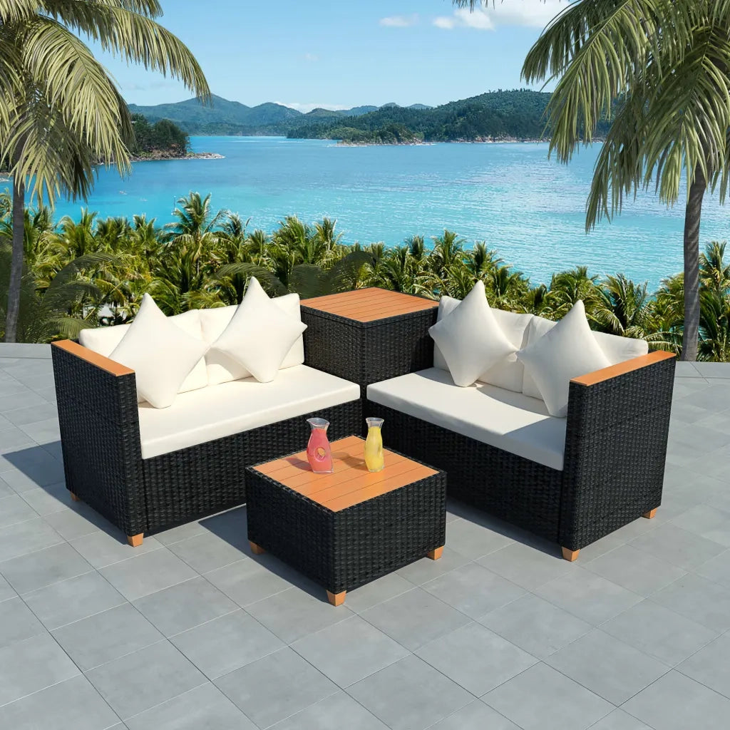 Set Divani da Giardino 4 pz con Cuscini in Polyrattan Nero cod mxl 34803