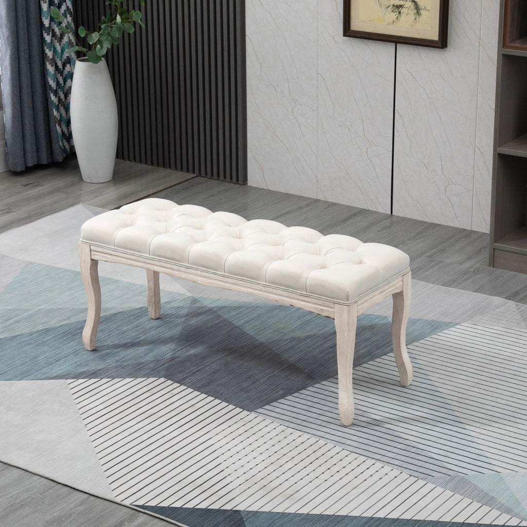 EasyComfort Panca Fondoletto Vintage con Seduta Imbottita in Tessuto e Gambe in Legno, 110x40x48cm, Beige