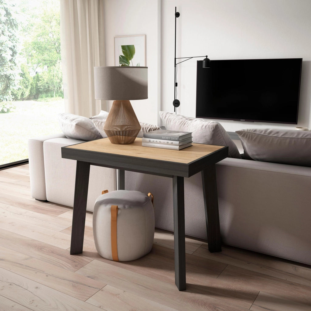 Consolle allungabile, 180x90x73cm, Per 8 persone, Gambe in legno, colore Rovere e nero RF3003