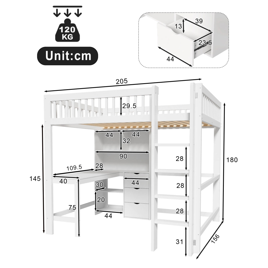 OKWISH Letto a soppalco 140×200 cm, Letto matrimoniale con Scrivania, 3 Cassetti, Mensole e Scala, senza Materasso, in Pino, Bianco