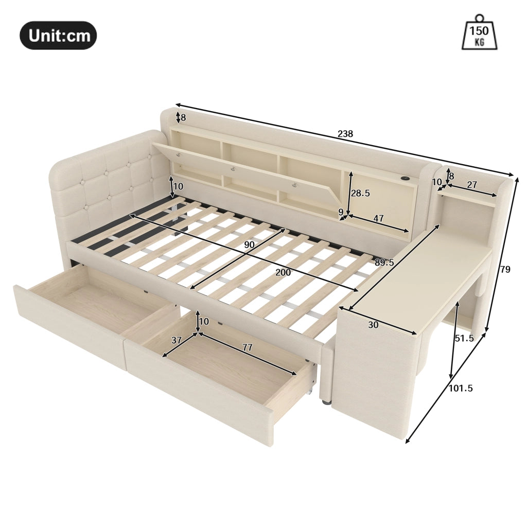 LETTO 90x200 cm in lino beige con 2 cassetti, scrivania, USB e Tipo C