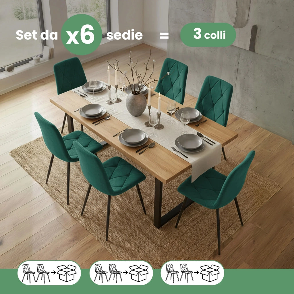 Set di 6 Sedie in velluto trapuntate MILO Verde Bottiglia gambe nere