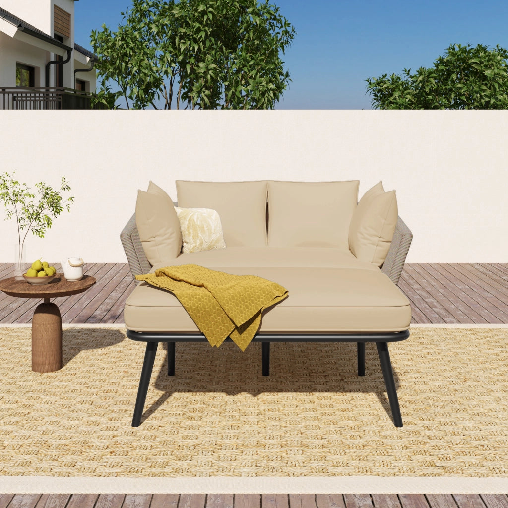 Lettino Prendisole Da Giardino 2 Posti con Cuscini Sfoderabili; Schienale Intrecciato; Acciaio; Kaki